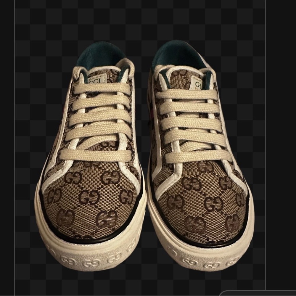 Gucci Brown Beige GG Canvas Low-Top Sneaker with Green and Red Web - Picture 5 of 9
